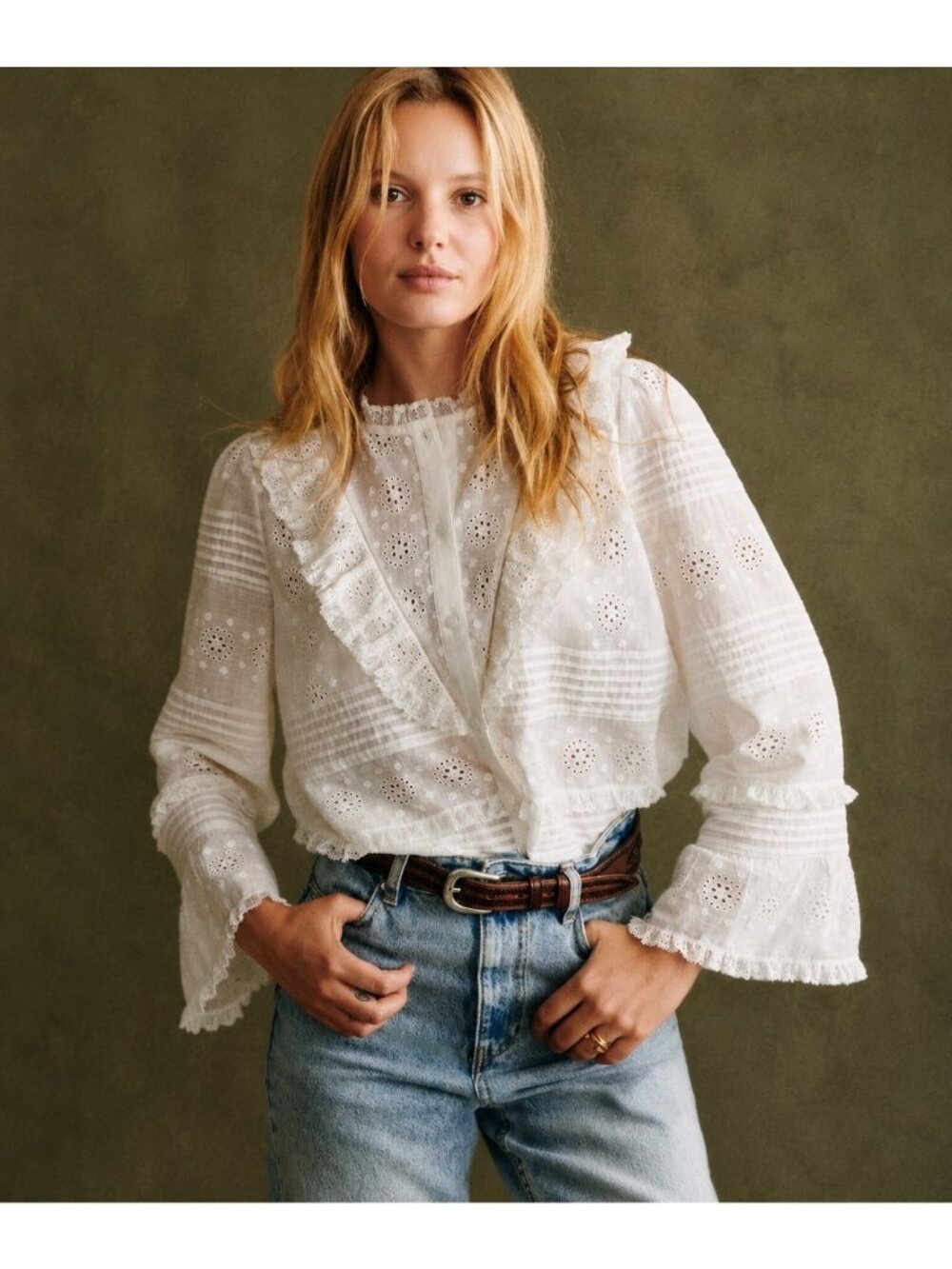 Sézane Nele Eyelet Embroidered Organic Cotton Blouse FR 46 NWOT Boho